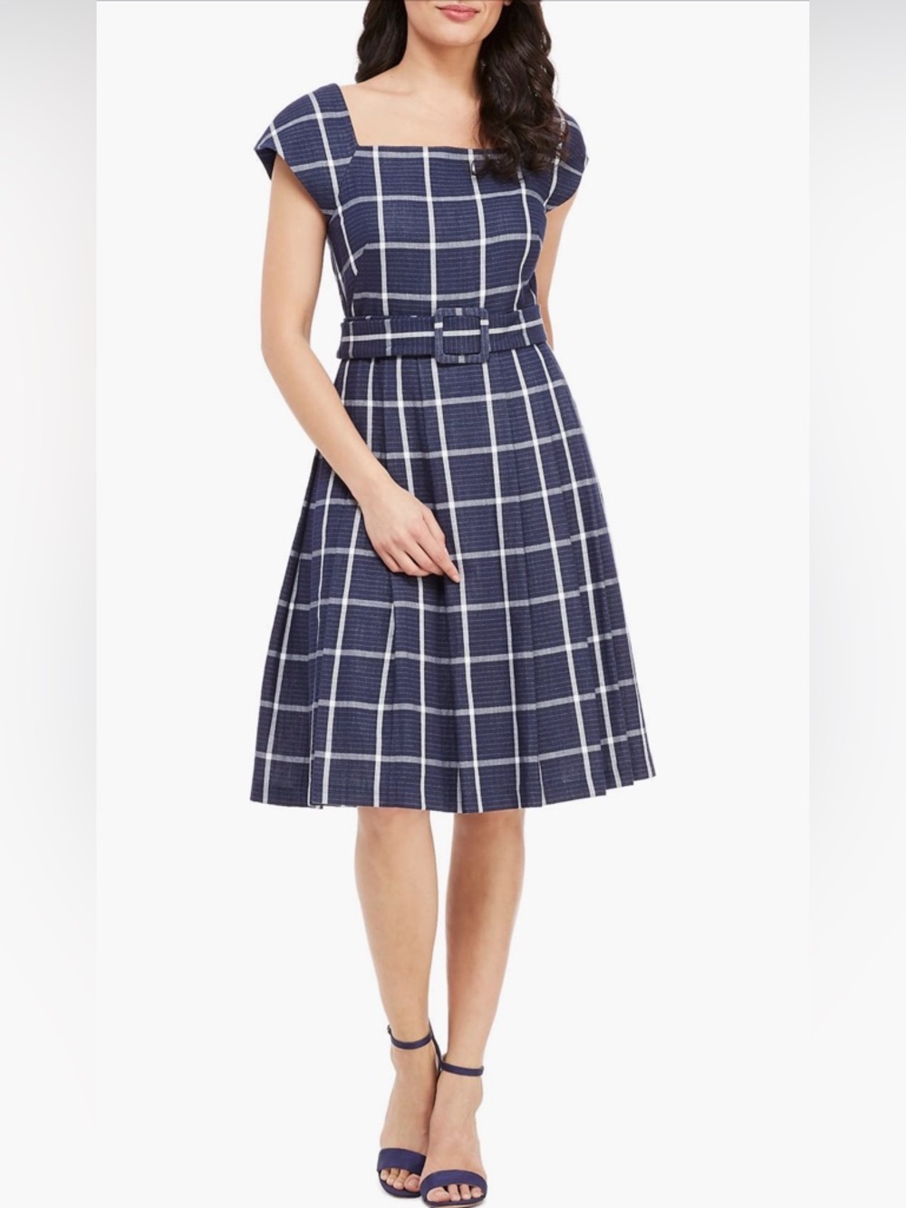 Gal Meets Glam Karen Square Neck A-Line Belt Dress (Size 6) Navy & White Plaid